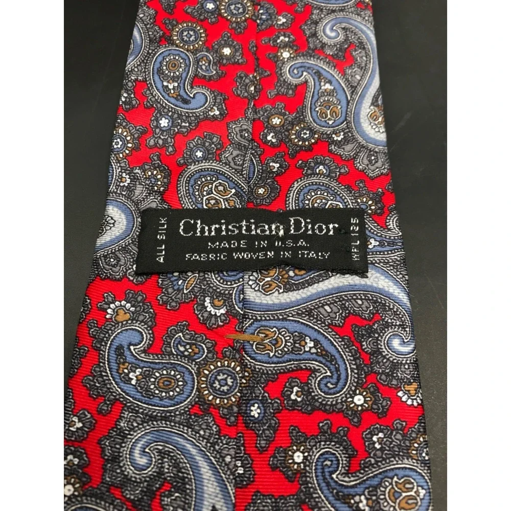 Christian Dior Neck Tie 100% Silk Red Paisley Print Woven in Italy Made in USA